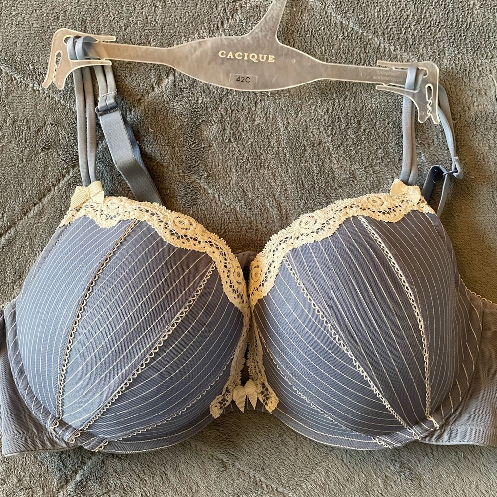 Cacique Blue Pinstripe Plunge Bra with Cream Lace Trim